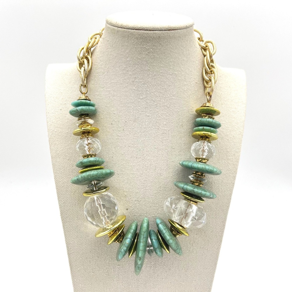 Chunky Faux Turquoise and Clear Crystal Statement Necklace Gold Tone Chain